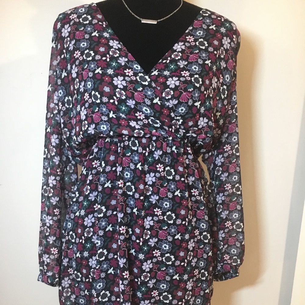 Floral Smocked Waist Tunic w/ Sheer Bishop Sleeves
