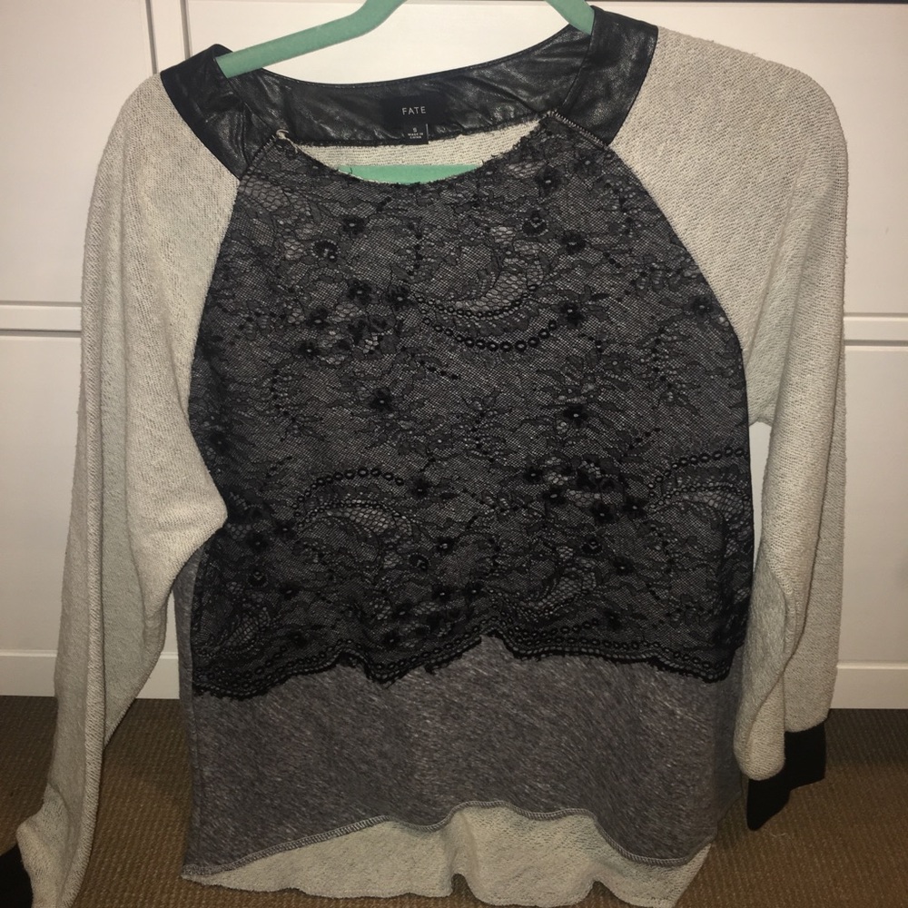 Lace and leather trim sweater