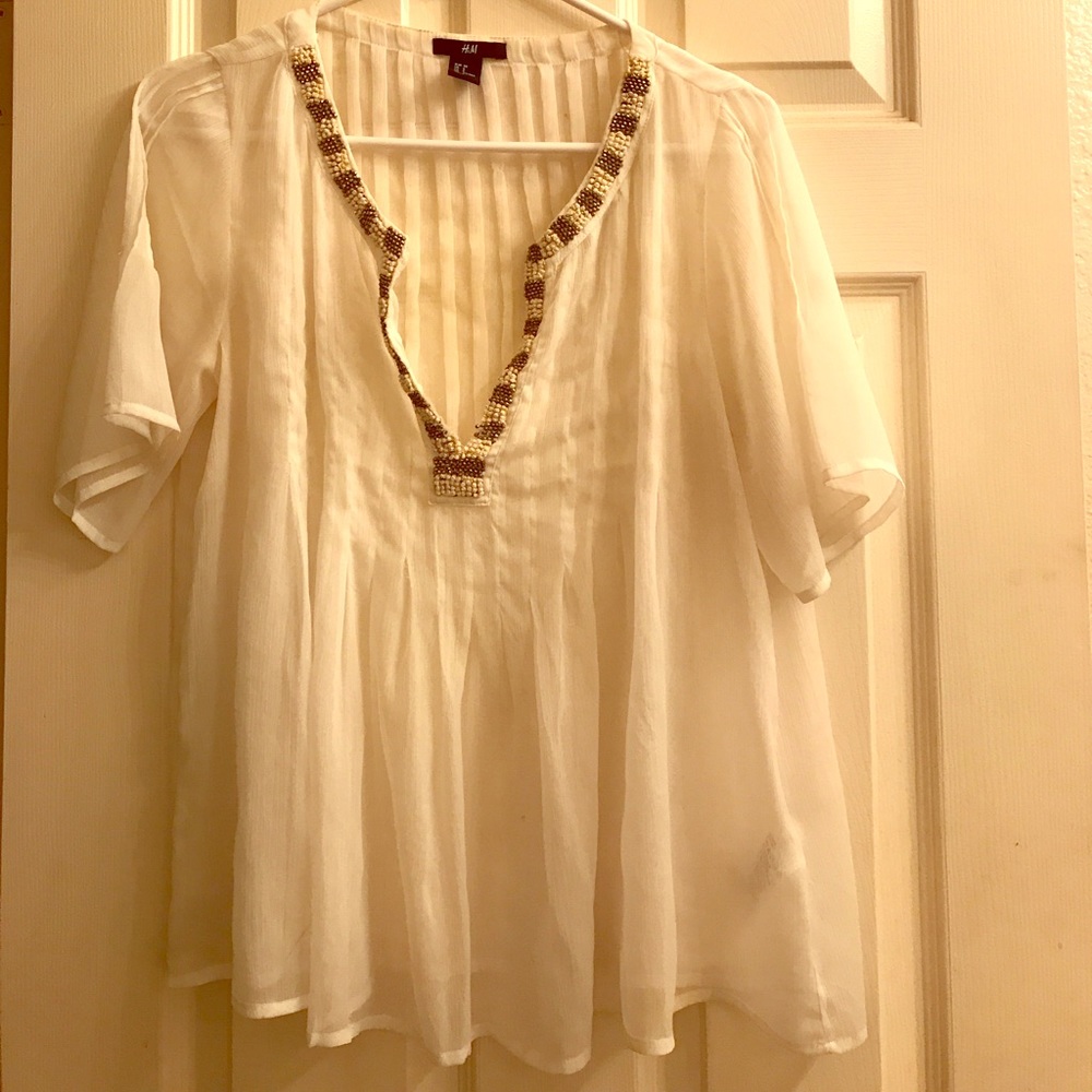 H&M Sheer White Blouse w/ Beaded Neckline