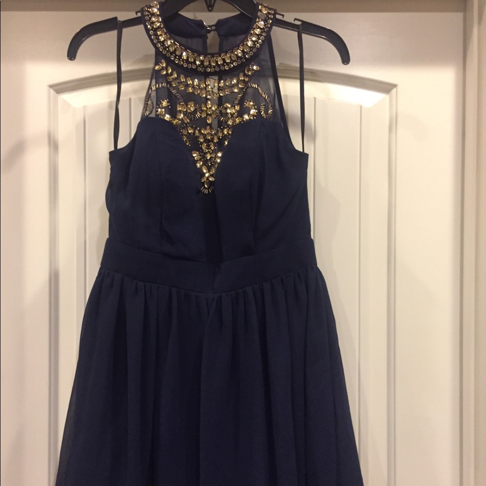 Navy blue short cocktail dress with gold beading