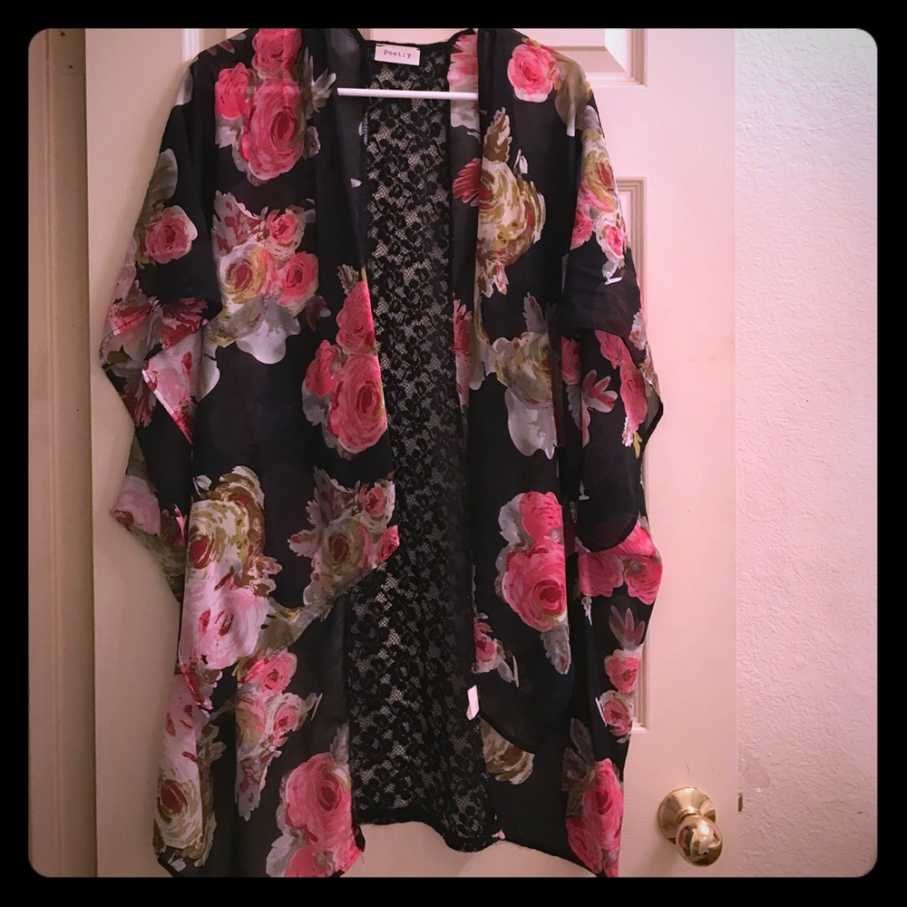 Black & Pink Sheer Floral Kimono