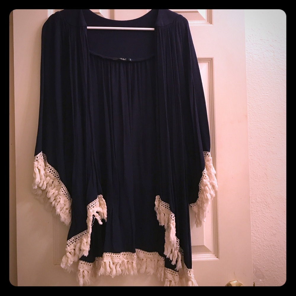 Navy Blue Kimono w/ Fringe Trim
