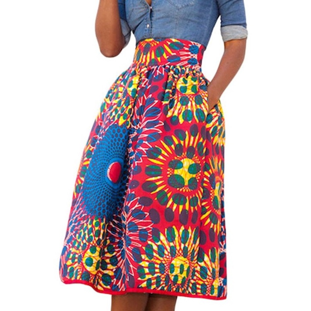 African Print Knee Length Flare Skirt With Pockets