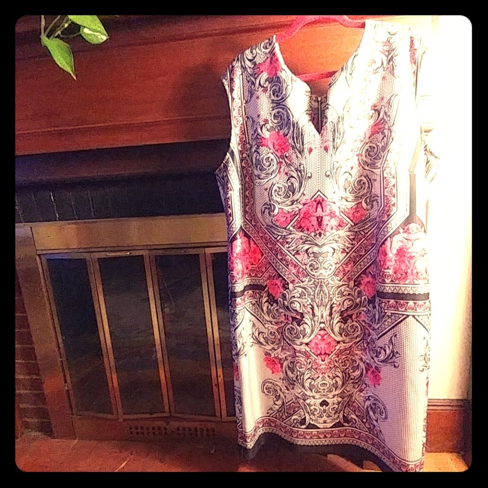 Geometric Floral Black, White, and Pink Dress NwT