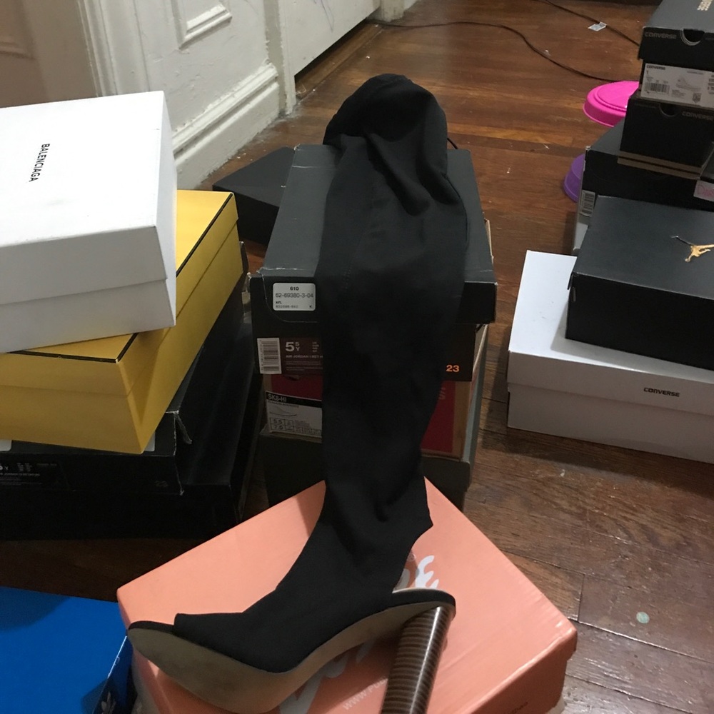 Thigh high open toe black heel