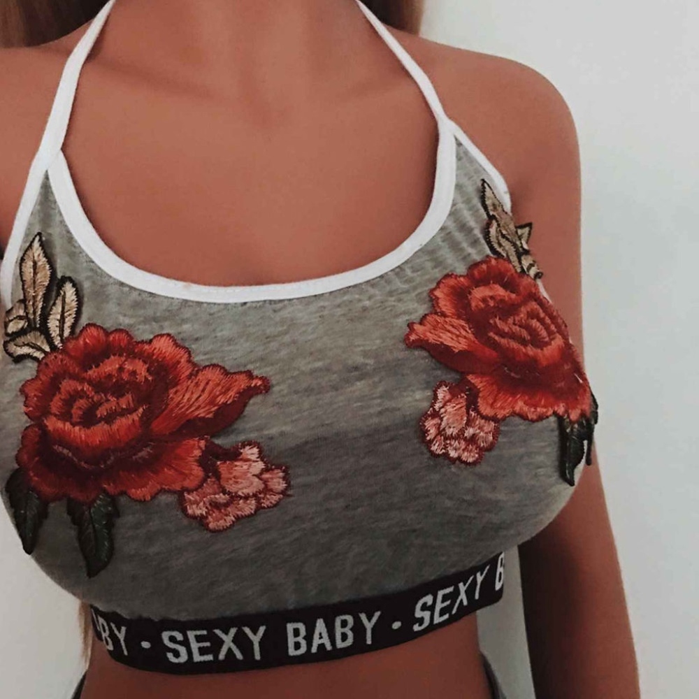 Sexy Baby Floral Patch Grey Halter Sports Bra