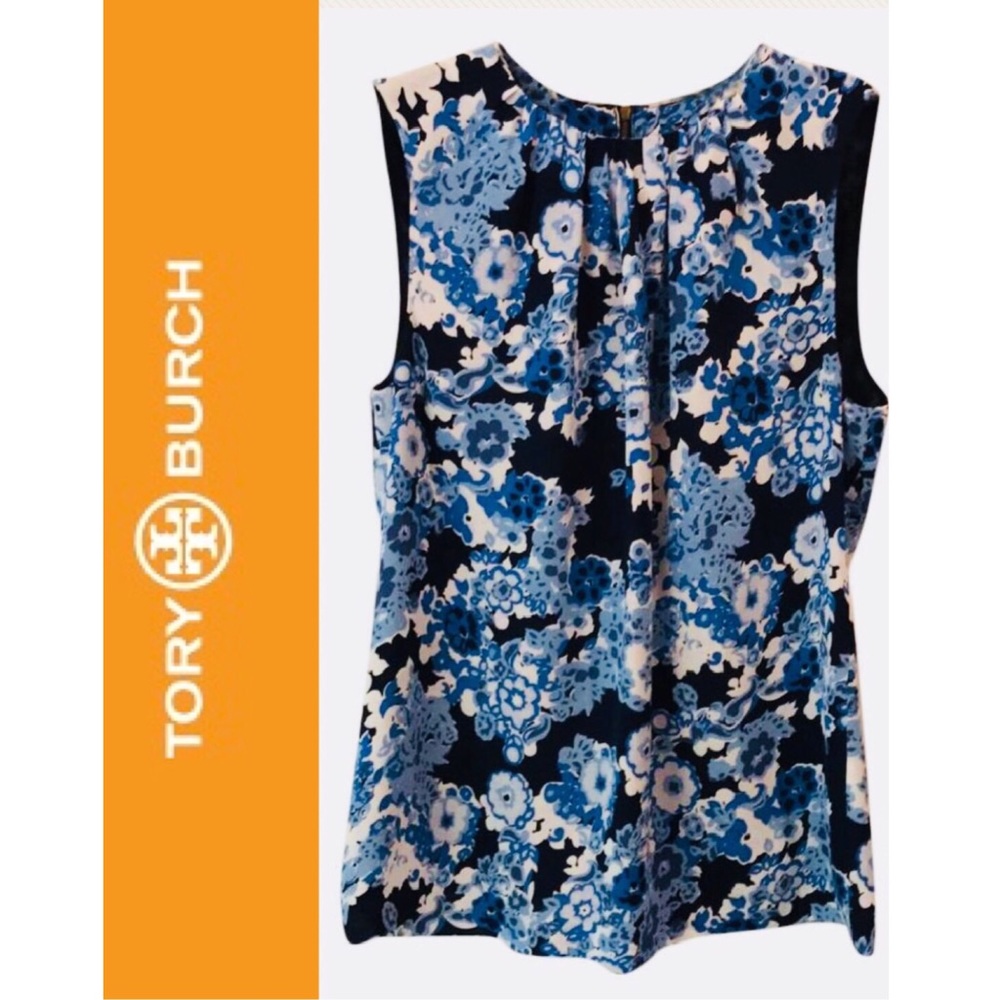 Tory Burch Blue Floral Sleeveless Silk Blouse