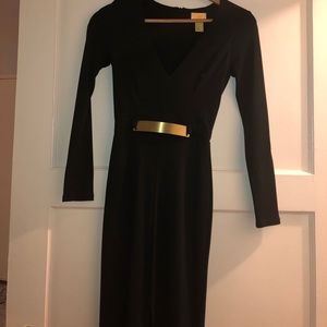 Formal black long sleeve gown, gold detail