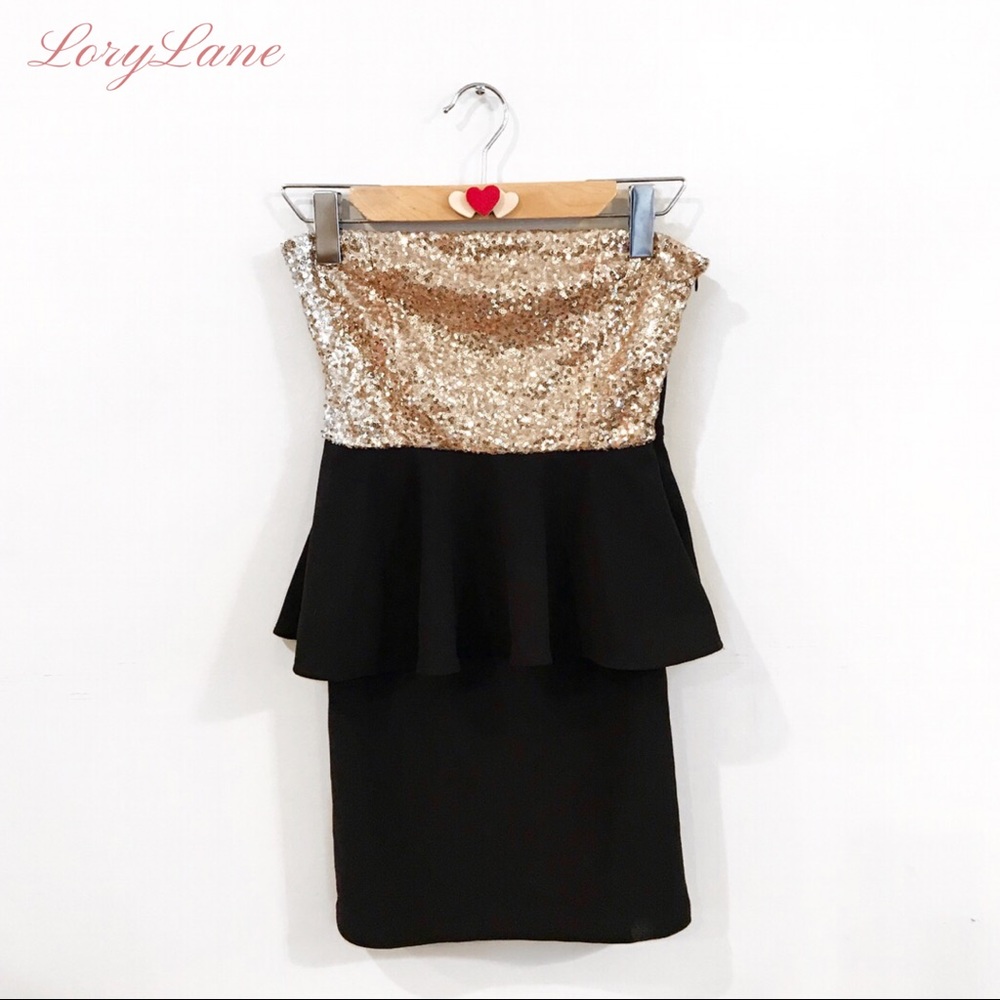 HOLIDAY BlACK & GOLD PEPLUM DRESS