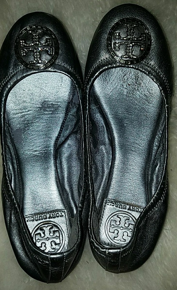 Tory Burch Grey Leather Rhinestone Logo Flats