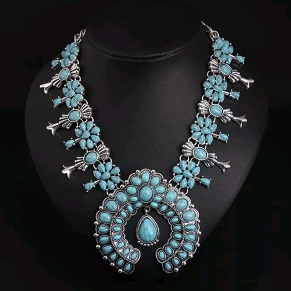 Squash Blossom SILVER Tone TURQUOISE  Necklace - Picture 8 of 8