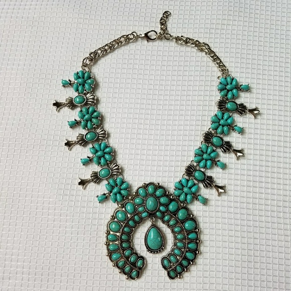 Squash Blossom SILVER Tone TURQUOISE  Necklace - Picture 3 of 8