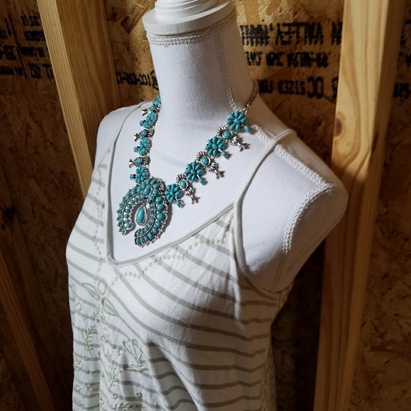 Squash Blossom SILVER Tone TURQUOISE  Necklace - Picture 6 of 8