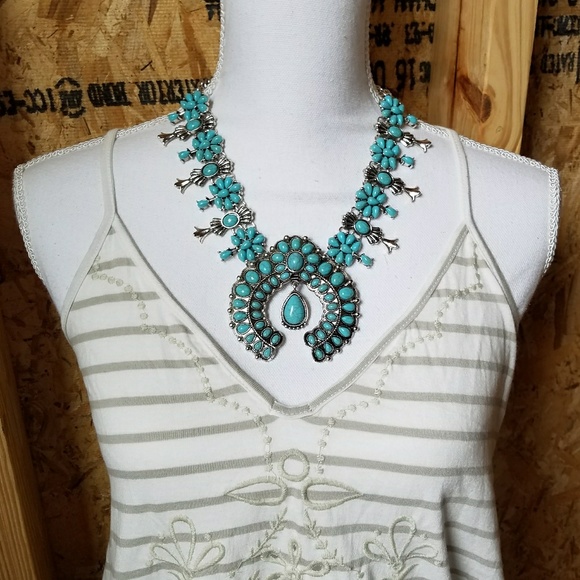 Squash Blossom SILVER Tone TURQUOISE  Necklace - Picture 4 of 8
