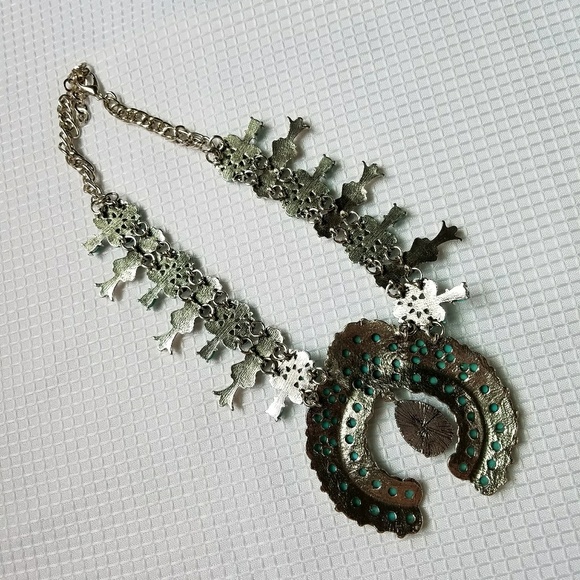 Squash Blossom SILVER Tone TURQUOISE  Necklace - Picture 7 of 8