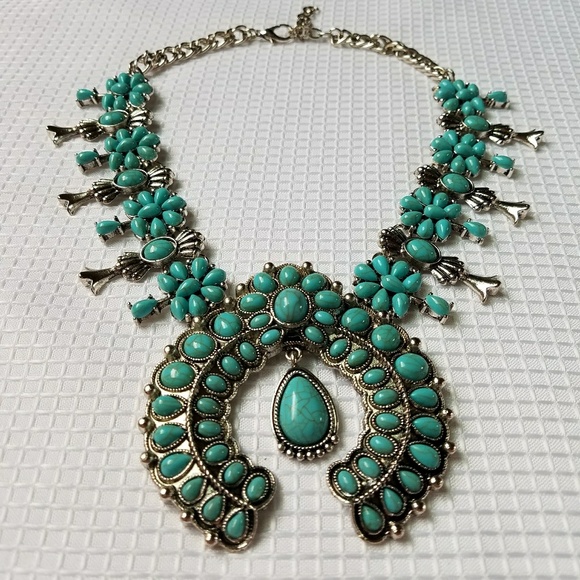 Squash Blossom SILVER Tone TURQUOISE  Necklace - Picture 5 of 8