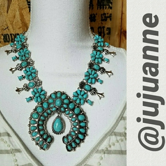 Squash Blossom SILVER Tone TURQUOISE  Necklace - Picture 2 of 8