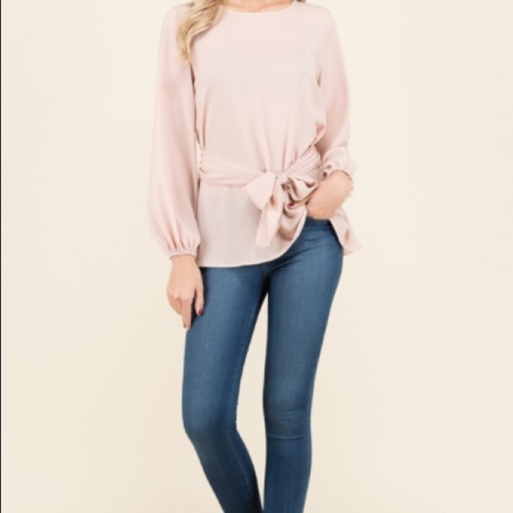 Cream Bow Tie Long Sleeve Blouse - Picture 3 of 5
