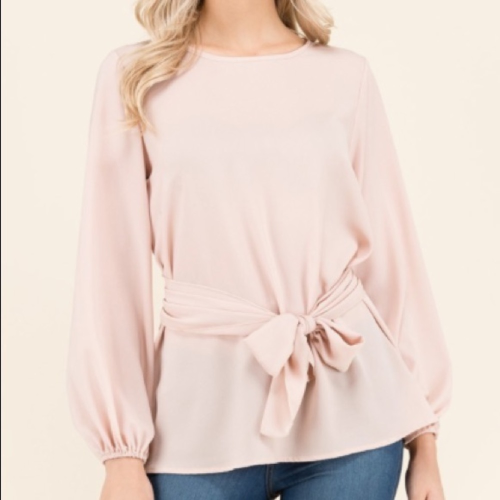 Cream Bow Tie Long Sleeve Blouse - Picture 2 of 5
