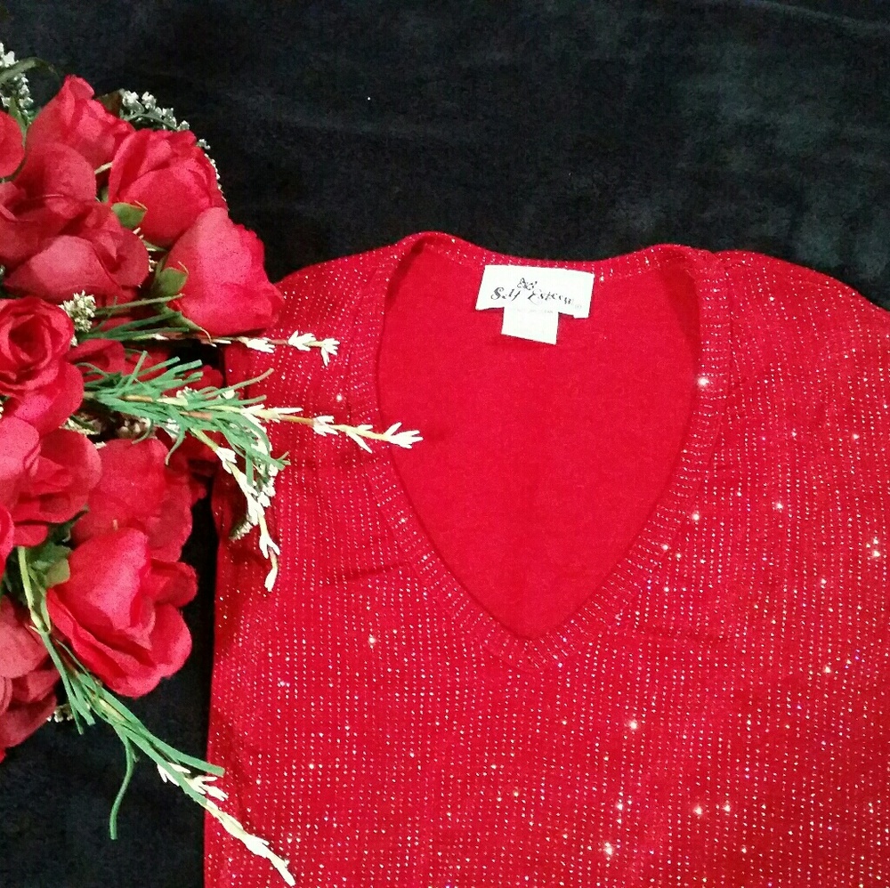 Red Sparkling 3/4 Sleeve V Neck Holiday Blouse