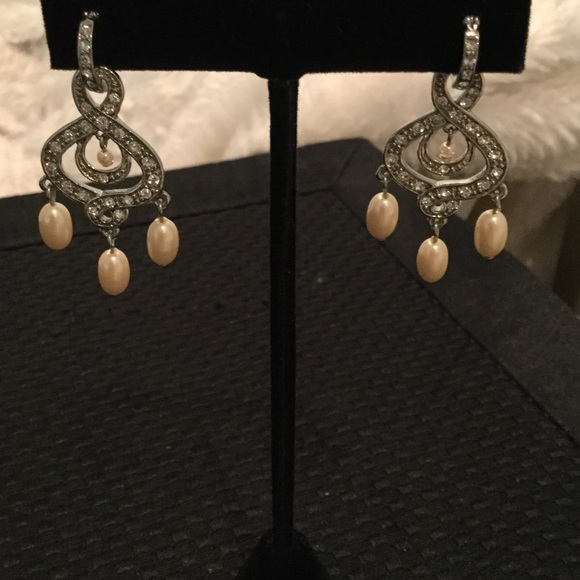 Monet Silver Tone Rhinestone & Faux Pearl Earrings - Picture 2 of 8