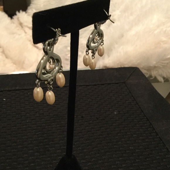 Monet Silver Tone Rhinestone & Faux Pearl Earrings - Picture 3 of 8