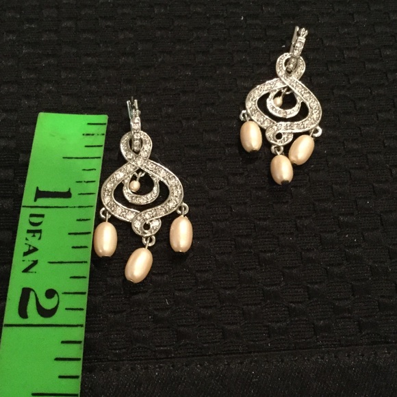 Monet Silver Tone Rhinestone & Faux Pearl Earrings - Picture 5 of 8