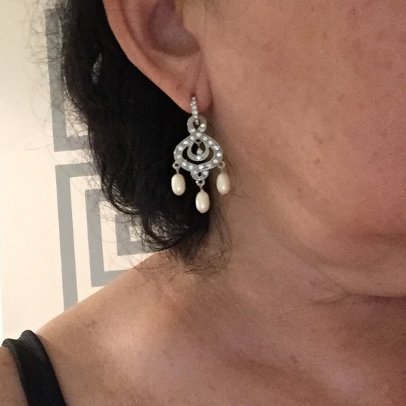 Monet Silver Tone Rhinestone & Faux Pearl Earrings - Picture 7 of 8