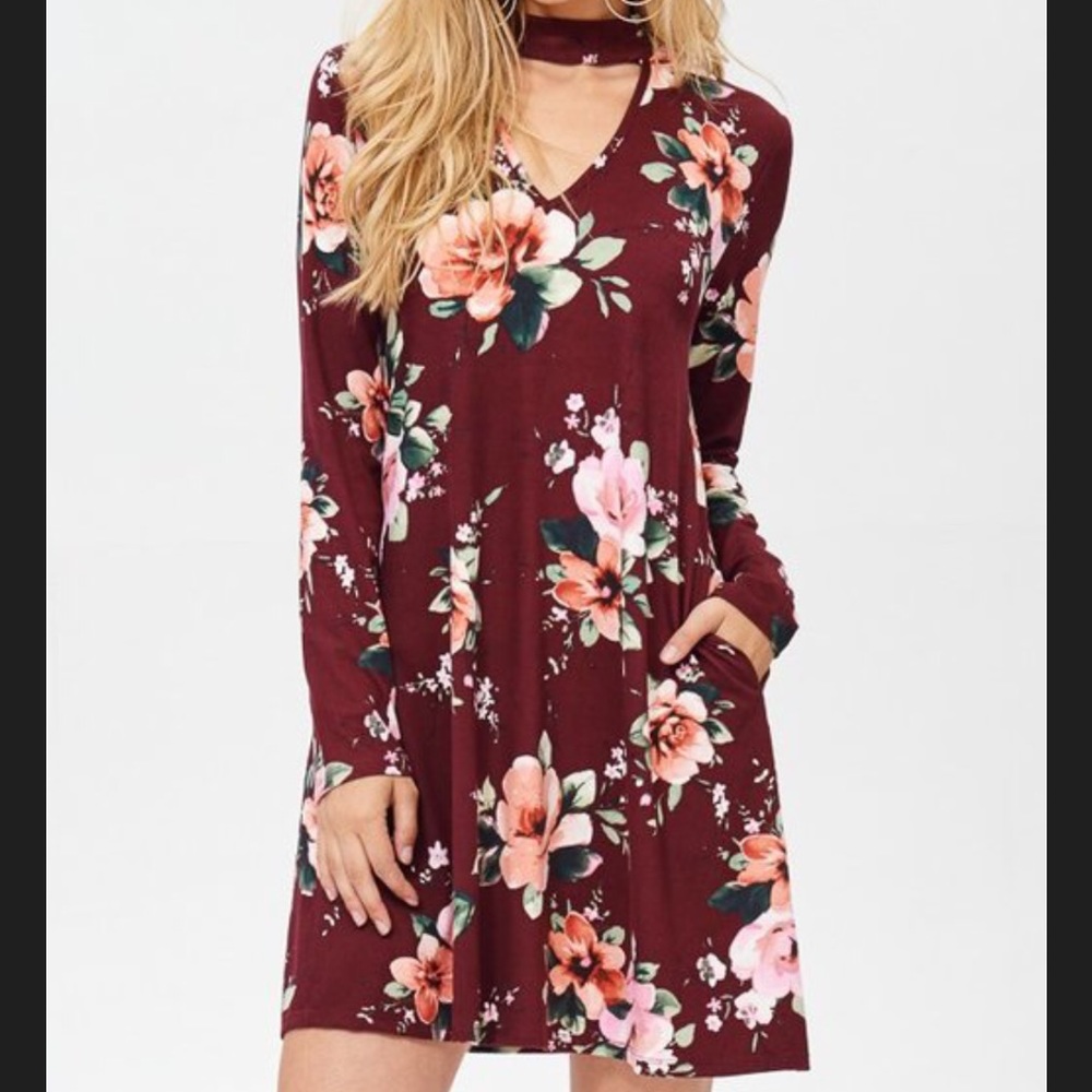 Burgundy Floral Print Midi Dress - Picture 2 of 8