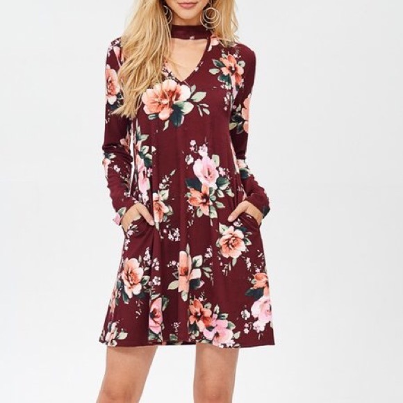 Burgundy Floral Print Midi Dress - Picture 4 of 8