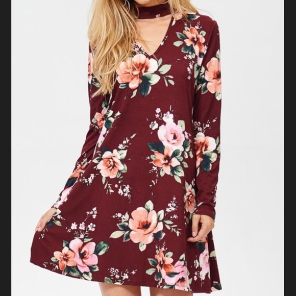 Burgundy Floral Print Midi Dress - Picture 6 of 8
