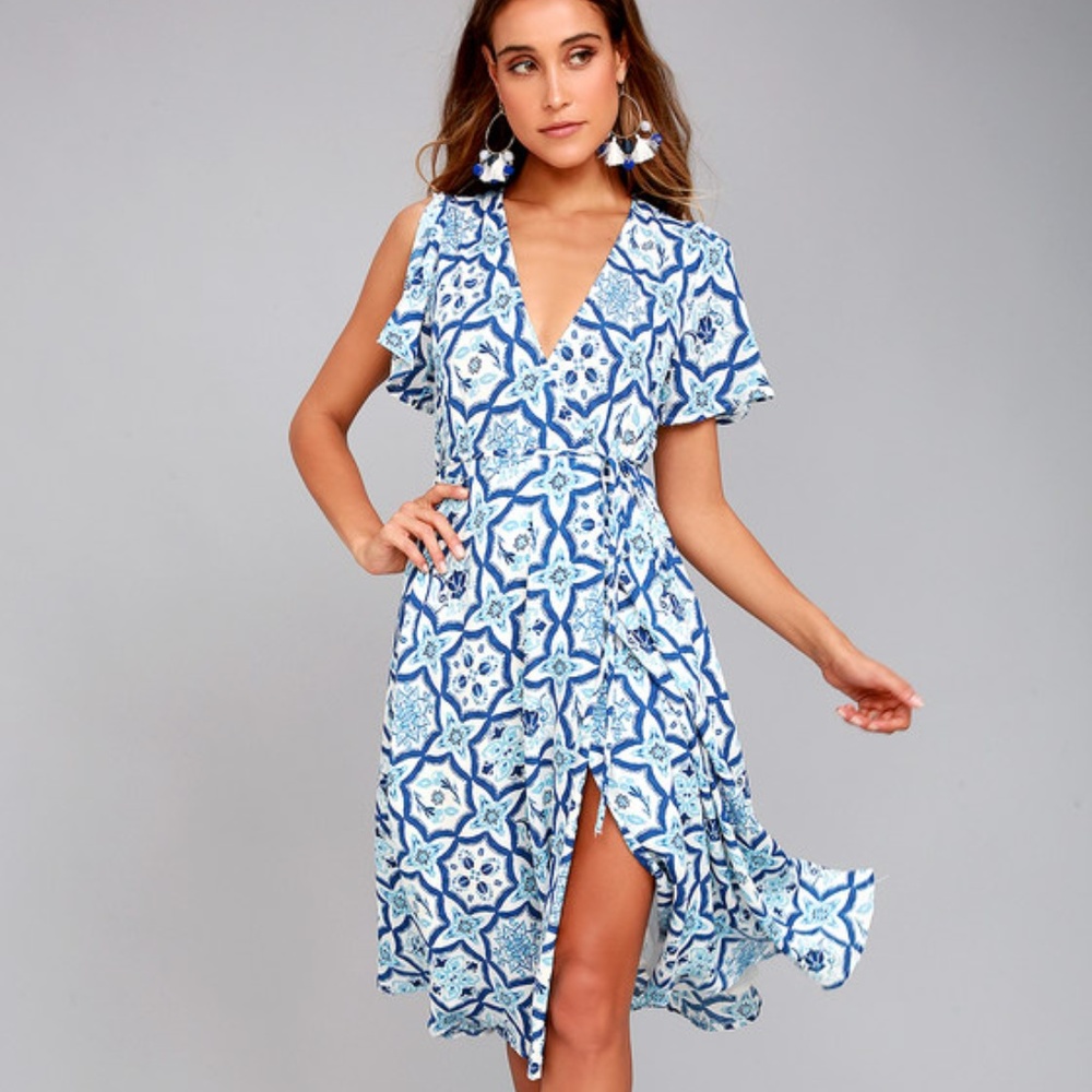 Blue Tiled Print Wrap Dress