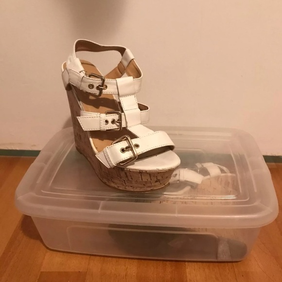 White Wedges with Gold Buckles - Picture 1 of 1