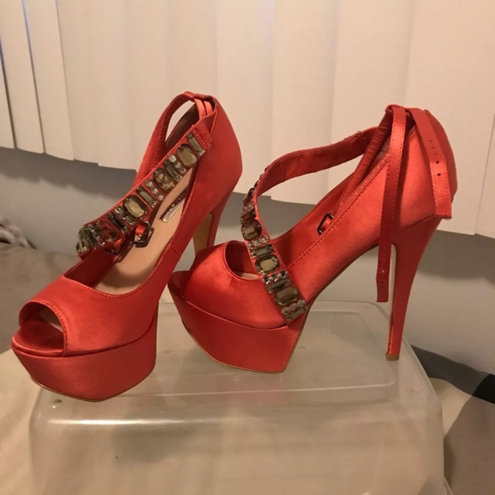 Halston Orange Heels with Rhinestones