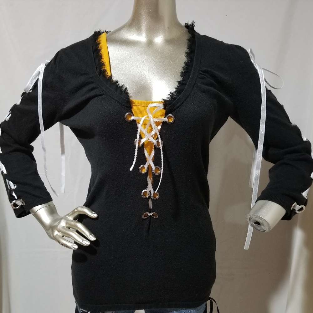 Revamped Black Deep V Lace Up Shirt - Medium