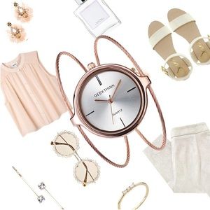 Rose Gold Color Bangle DBL Ring Quartz Watch.