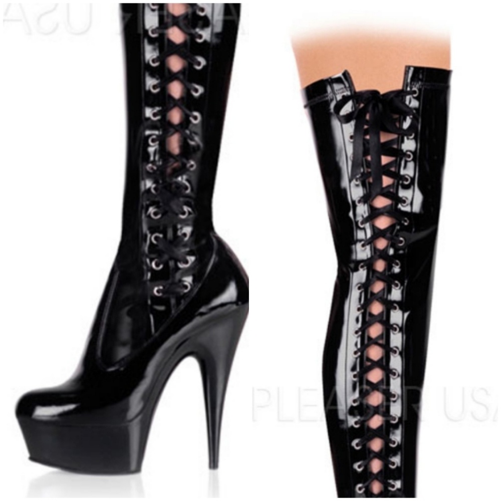 Patent Lace Up Thigh High Heel Boots - Picture 2 of 6