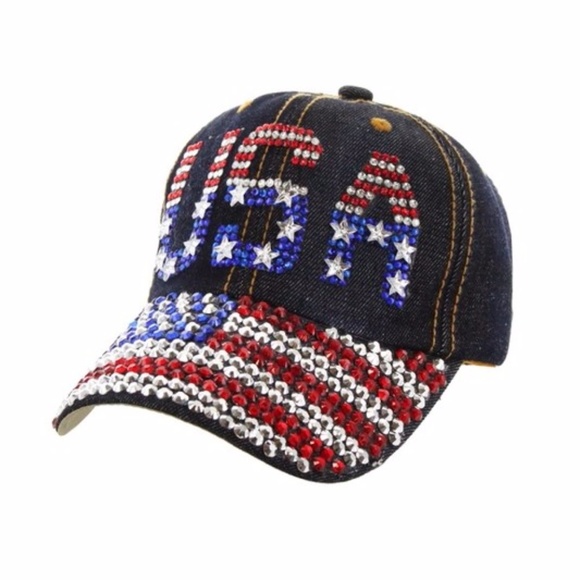 Accessories - ***NEW***USA Rhinestone Cap on Distressed Denim