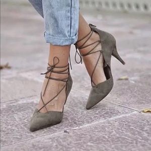 Zara Khaki Green Suede Lace Up Heels