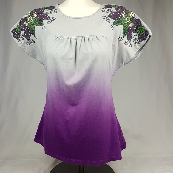 LUCCA Tops - LUCCA Small Floral Shoulder Purple Ombre Top