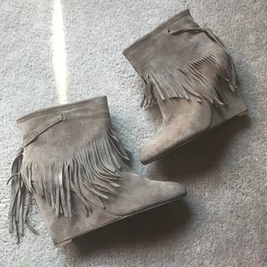 Tan Suede Fringe Wedge Bootie