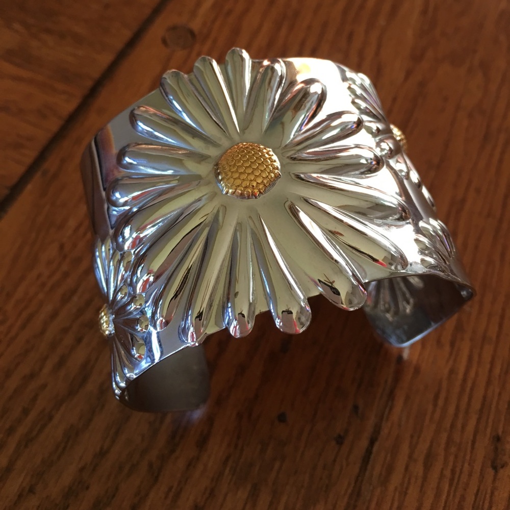 Stainless Steel wide cuff bracelet flower design