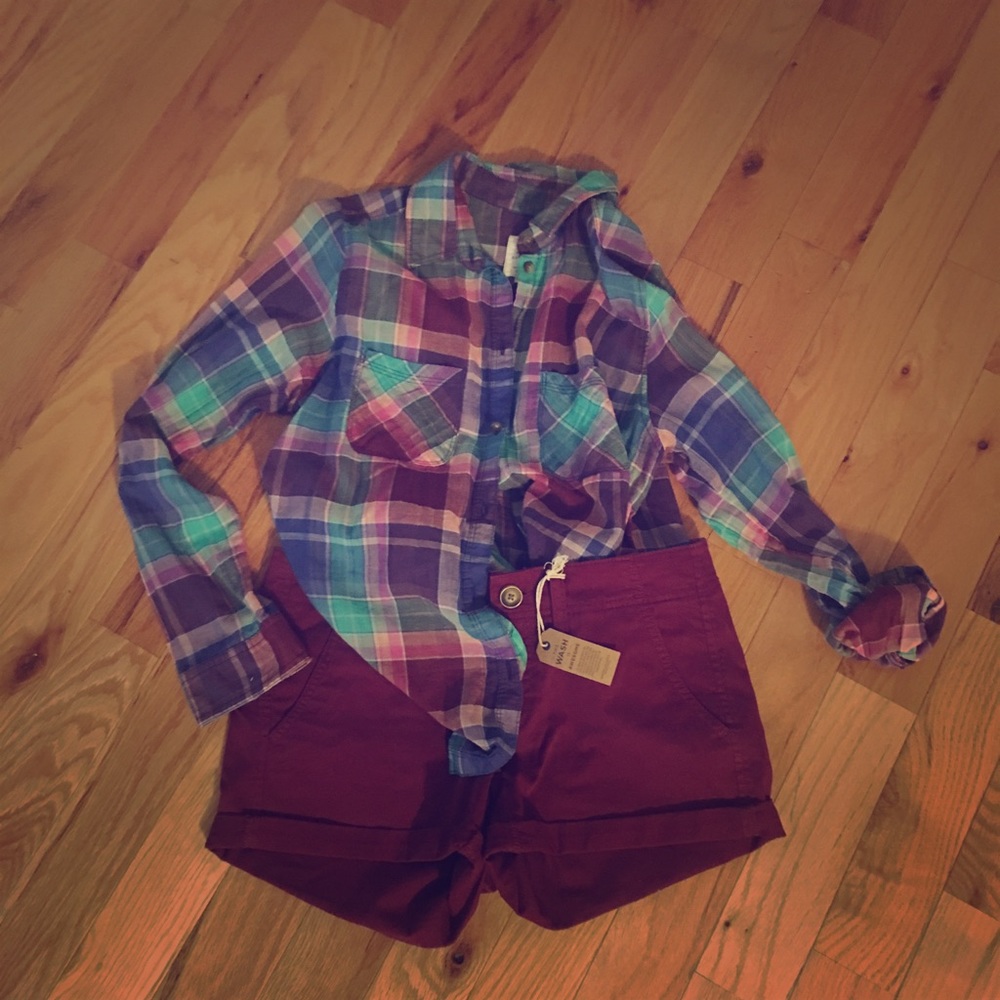 Long sleeve summer plaid shirt and shorts to match