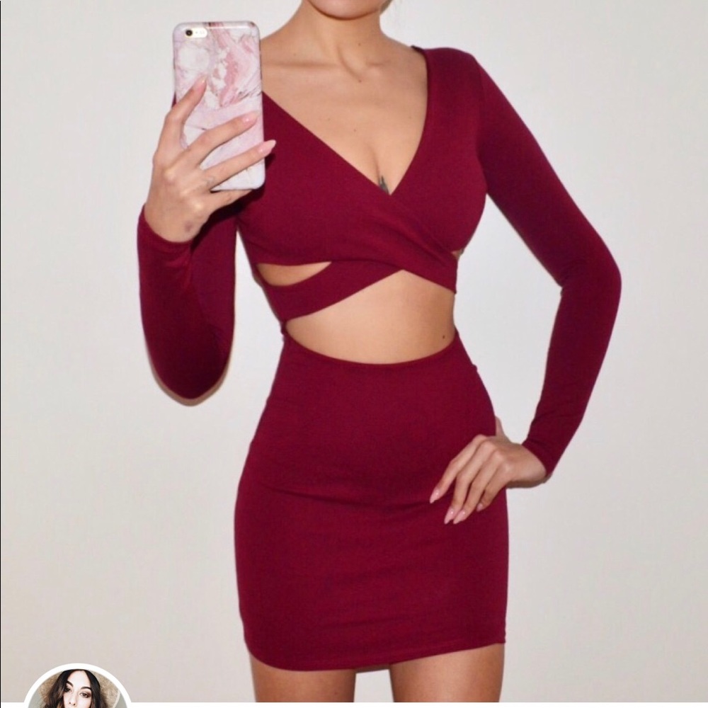 Burgundy wrap cut out dress
