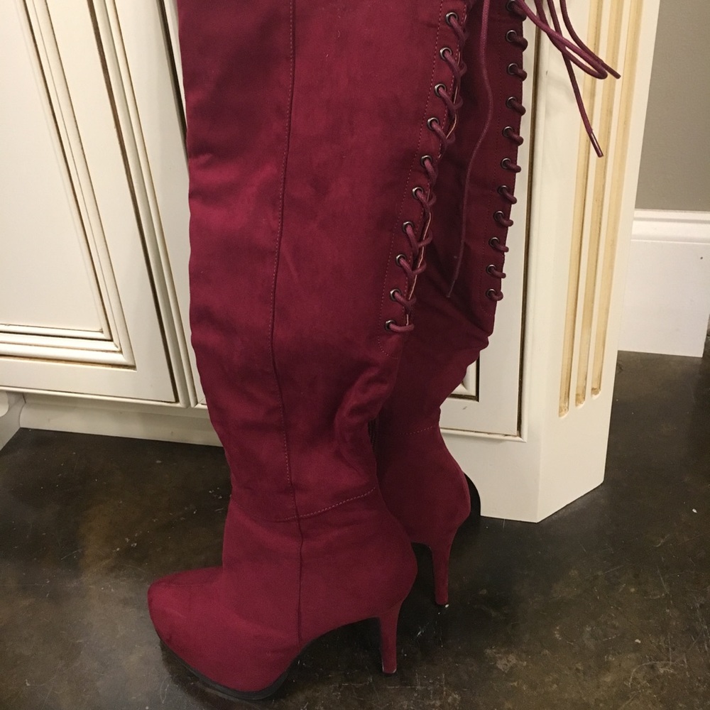 Burgundy above the knee boots