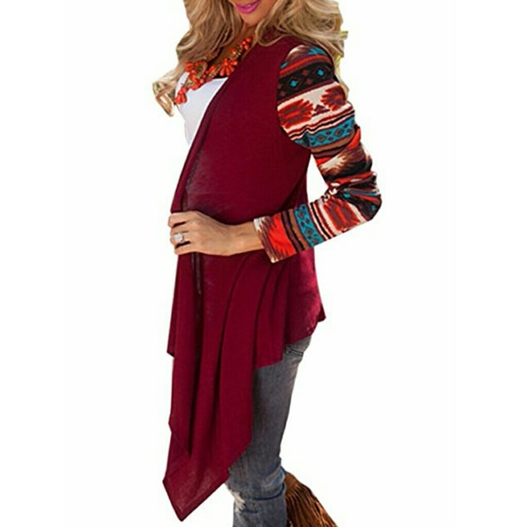 ONE LEFT SZ S. Wine Aztec Asymmetrical Cardigan - Picture 2 of 4