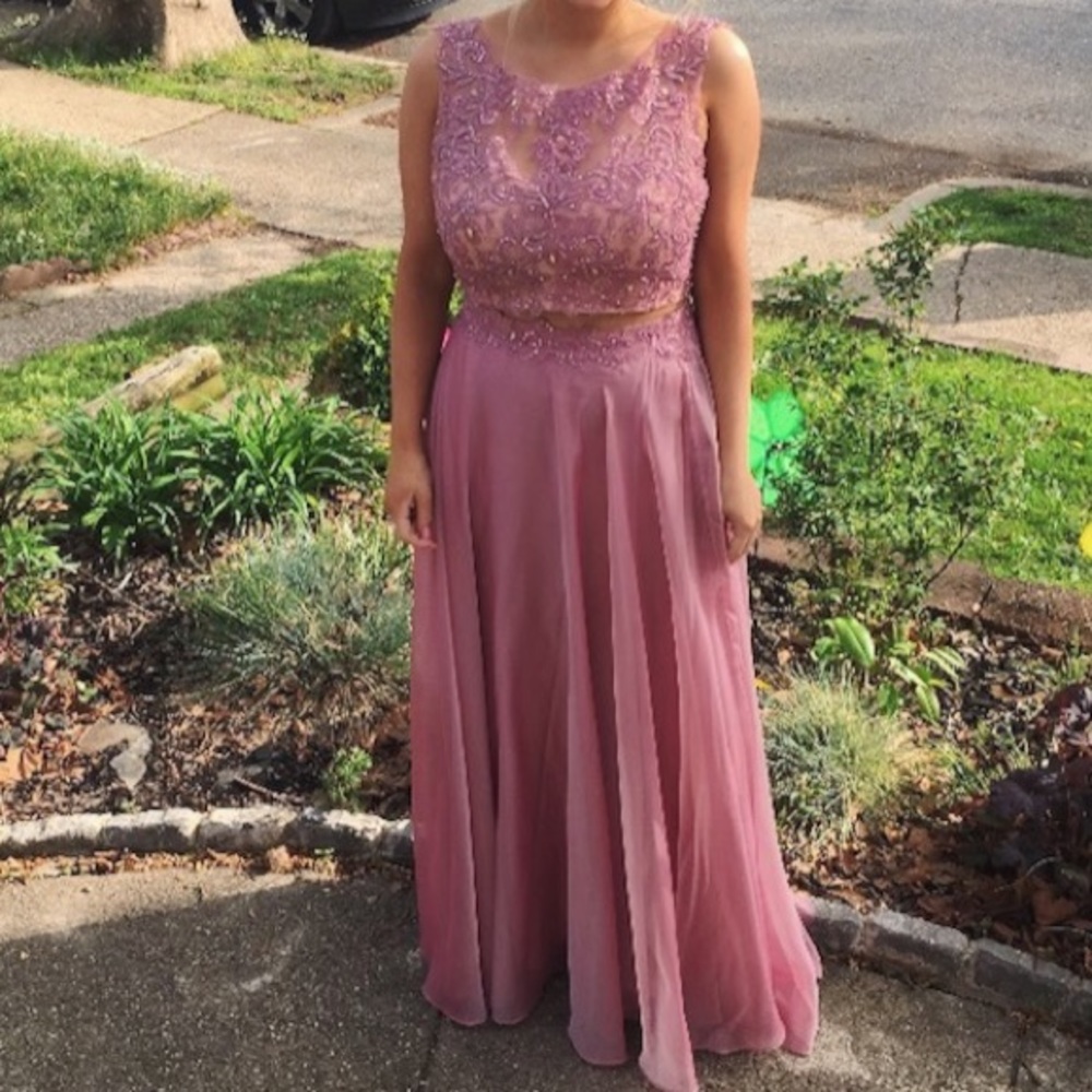 A dark pink two piece prom dress.