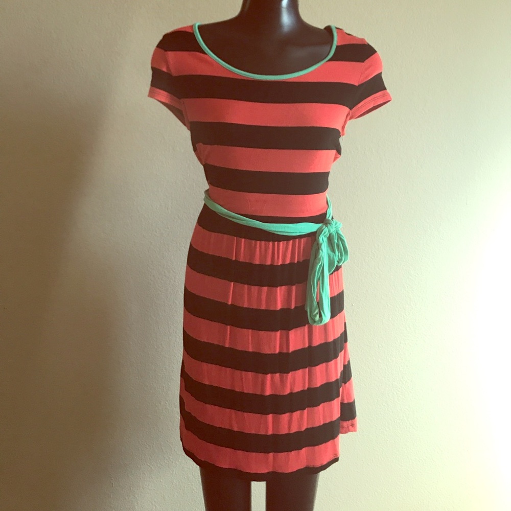Red and black striped belted T shirt dress