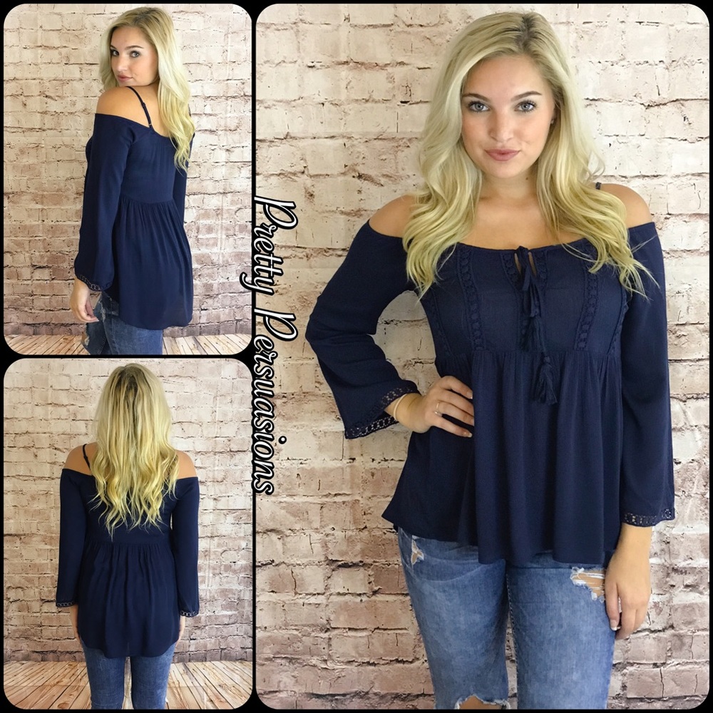 Navy Cold Shoulder Bell Slv Crochet Trim Top - Picture 1 of 4