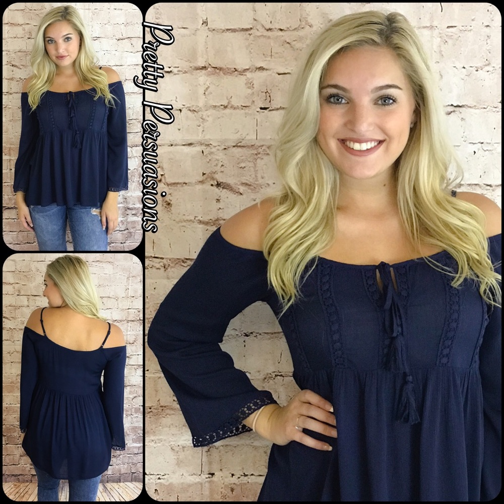 Navy Cold Shoulder Bell Slv Crochet Trim Top - Picture 4 of 4